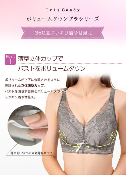 胸を小さく見せるブラ 薄くて涼しい ノンワイヤー 延長ホック付き